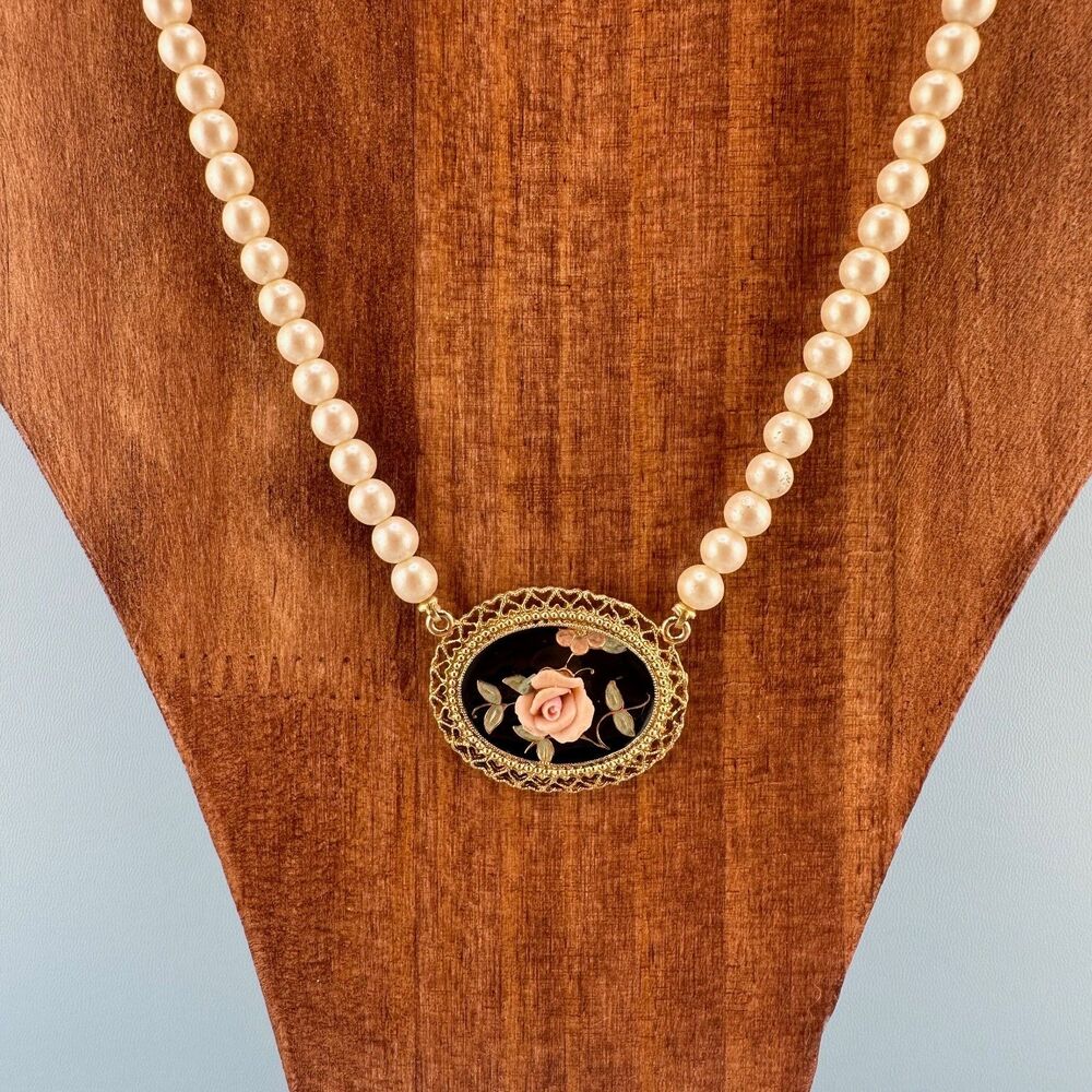 Vintage 1928 Porcelain Rose Station Pendant Necklace Faux Pearl Victorian Style - Picture 3 of 15